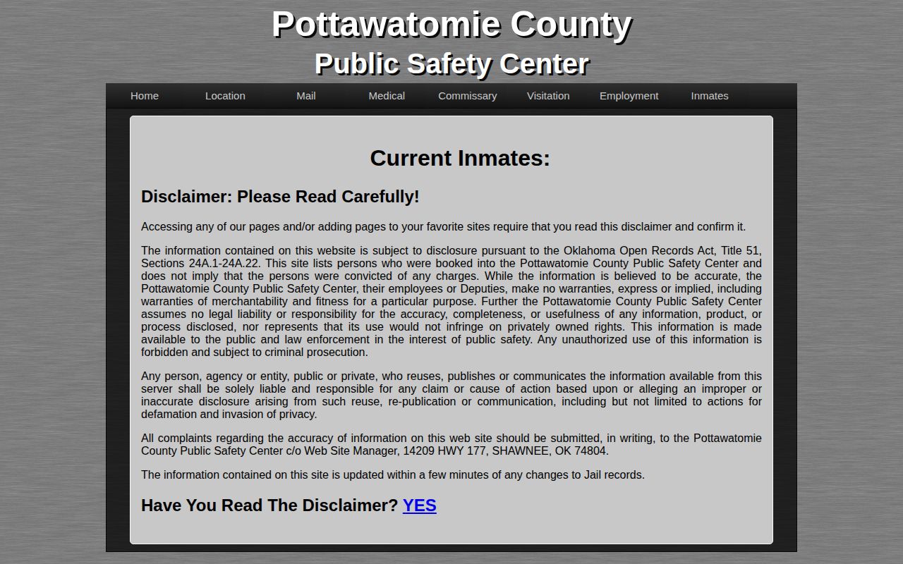 Pottawatomie County released inmates current roster disclaimer